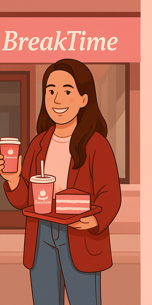 BreakTime owner with coffee, cake and phone